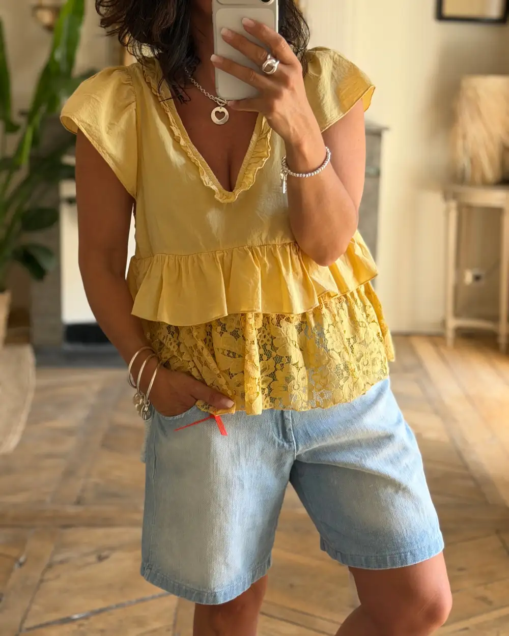 Cotton Lace-Trim Ruffled Blouse
