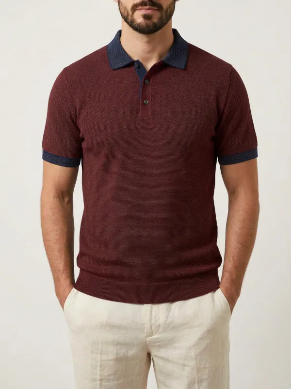 Men's Casual Business Textured Grey Navy Trim Polo Shirt