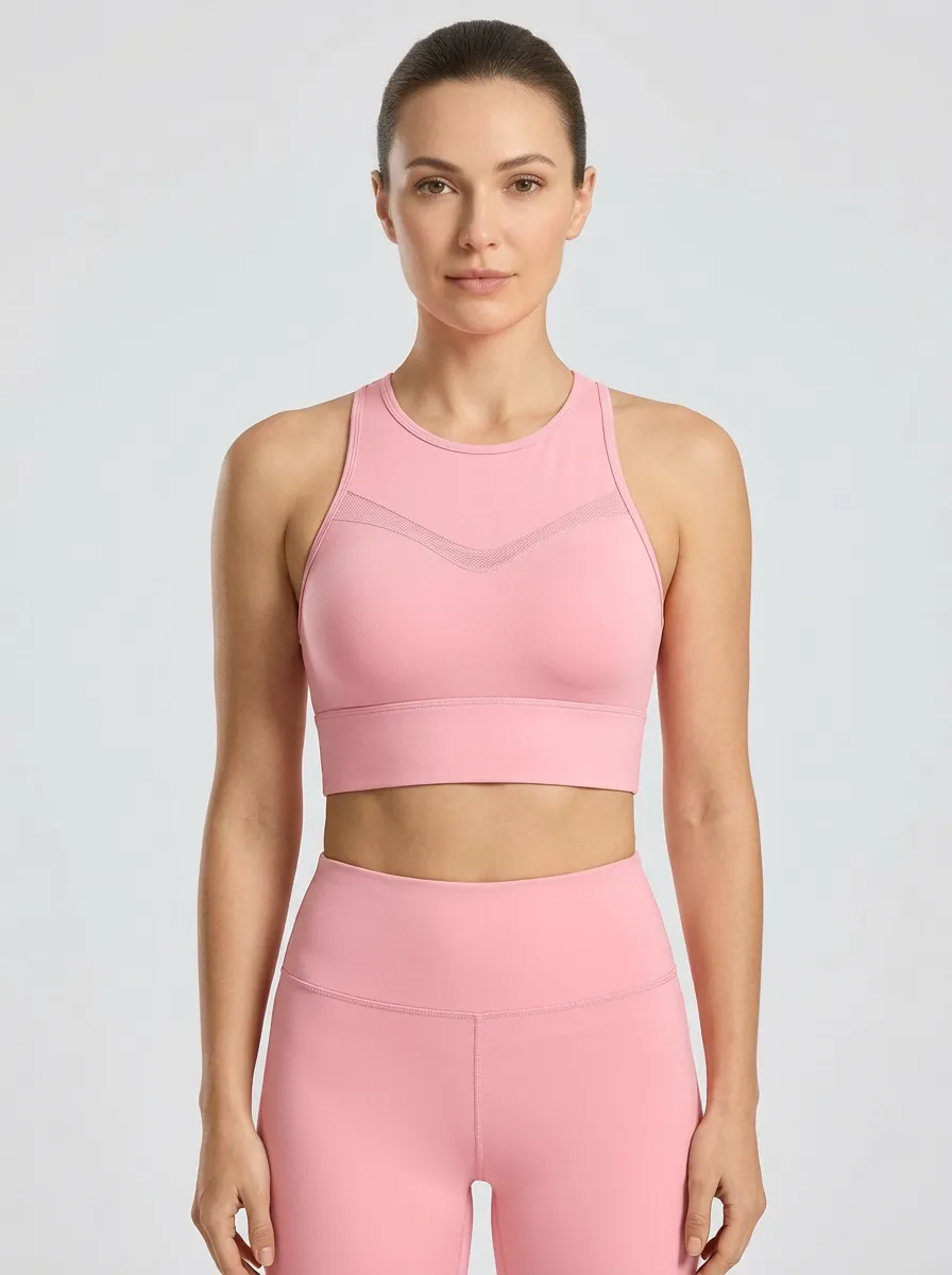 Women's High-Neck Racerback Mesh-Panel Textured-Panel Sports Bra