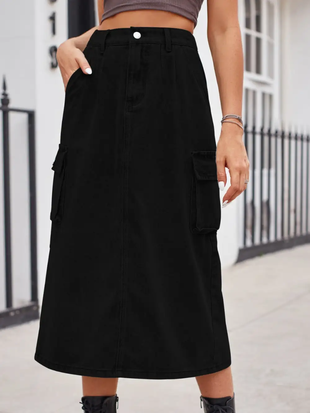Simple Button Front Denim Detail Skirt
