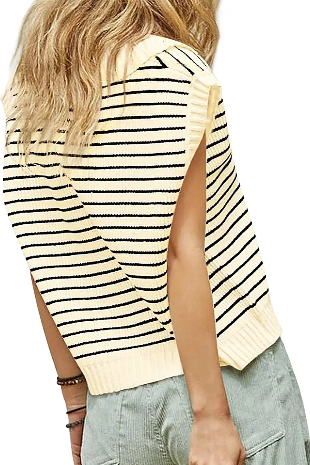 Stripe Turn-Down V-Neck Viscose Blend Knit Tank Top