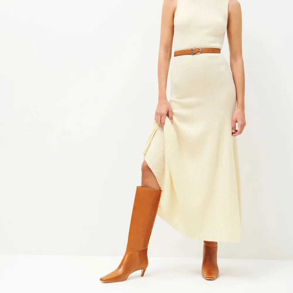 Faux-Leather Pull-On Square-Toe Kitten-Heel Knee-High Boots