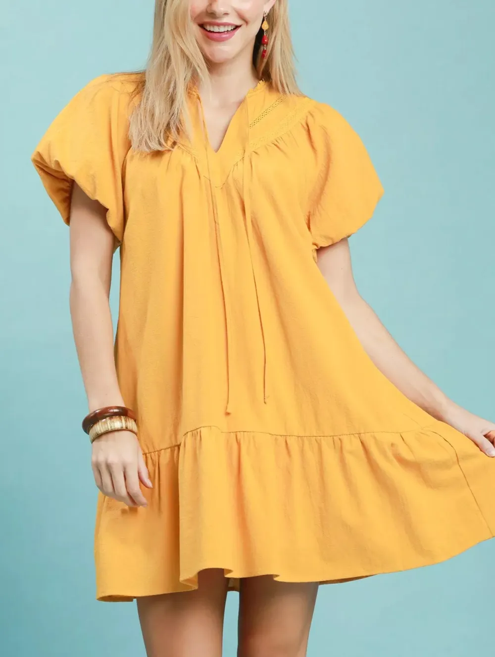 V-Neck Flutter Sleeve Ruffle Hem Lace Trim Mini Dress