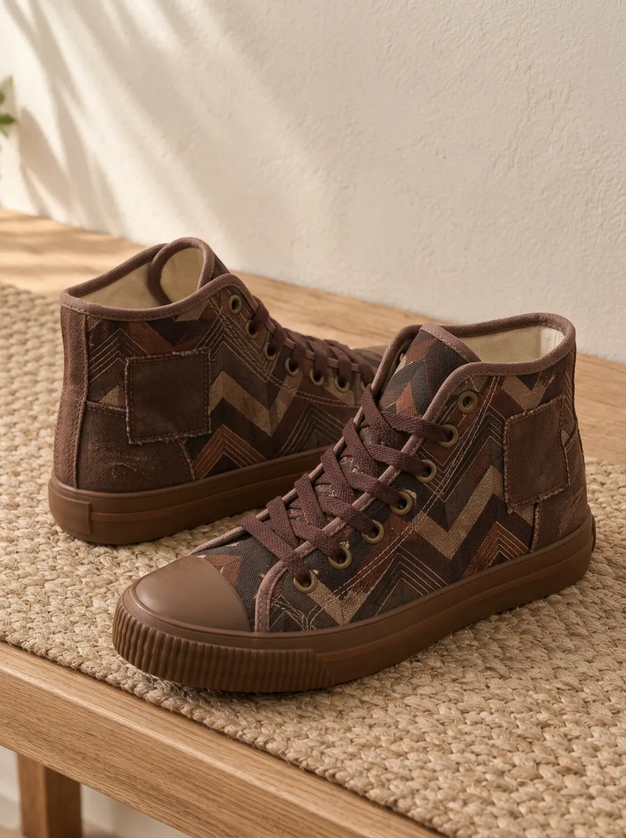 Men's Brown Geometric Chevron Pattern Printed Canvas Shoes
