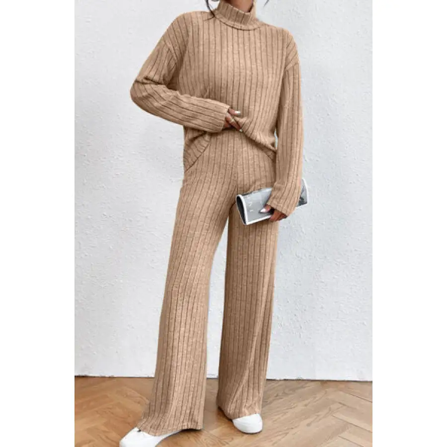 Mock Neck Dropped Shoulder Top and Pants Set