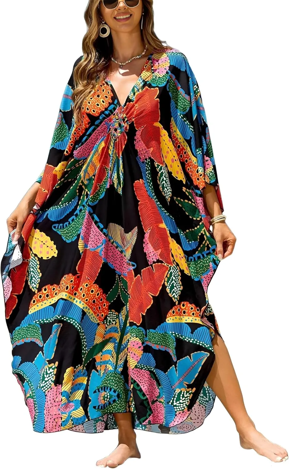 IMAGEKOPE Kaftan Dresses for Women Plus Size V-Neck Moo Moos Batwing Kaftan Beach Dress Bathing Suit Cover-Up Loungewear