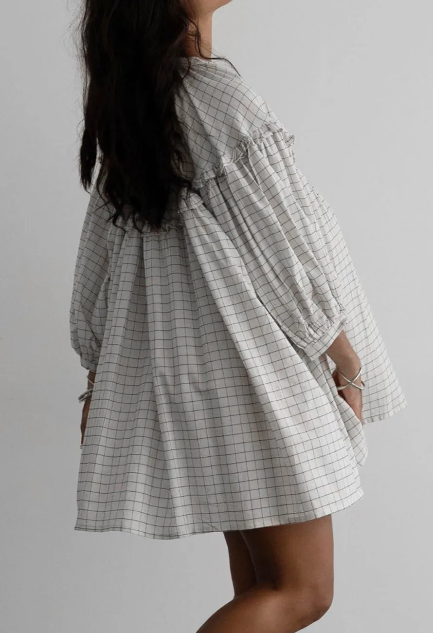 Stripe Checkered Frilled V Neck Bracelet Sleeve Babydoll Dress