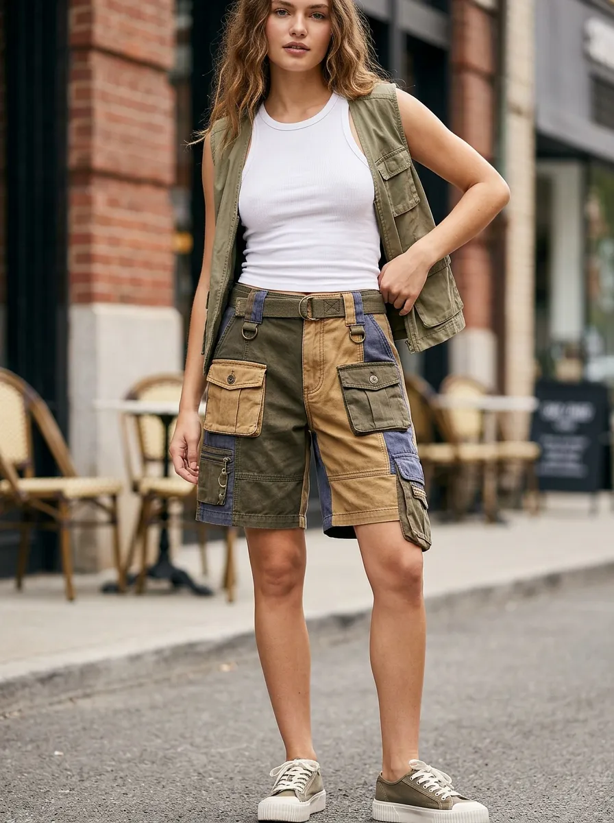 Women's Utility Style Colorblock Multi-Pocket Cargo Shorts