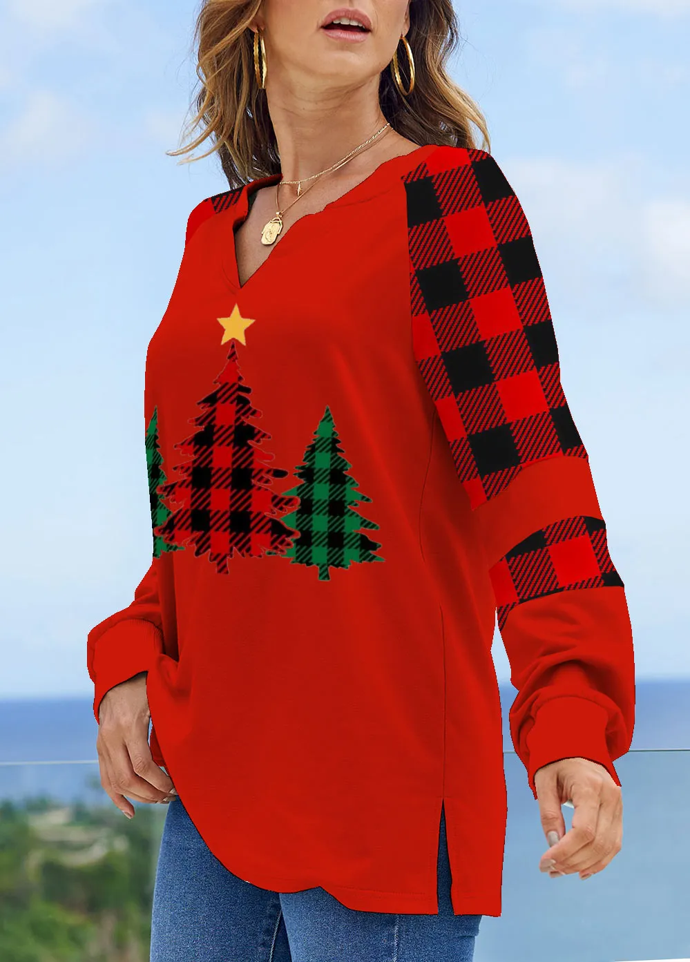 Long Sleeve Split Neck Contrast Sweatshirt