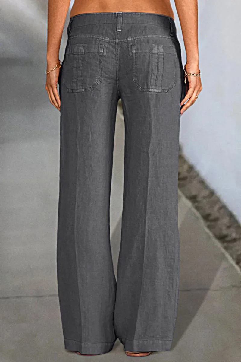 Solid Slant Pocket Low Waist Flare Pants Without Belt