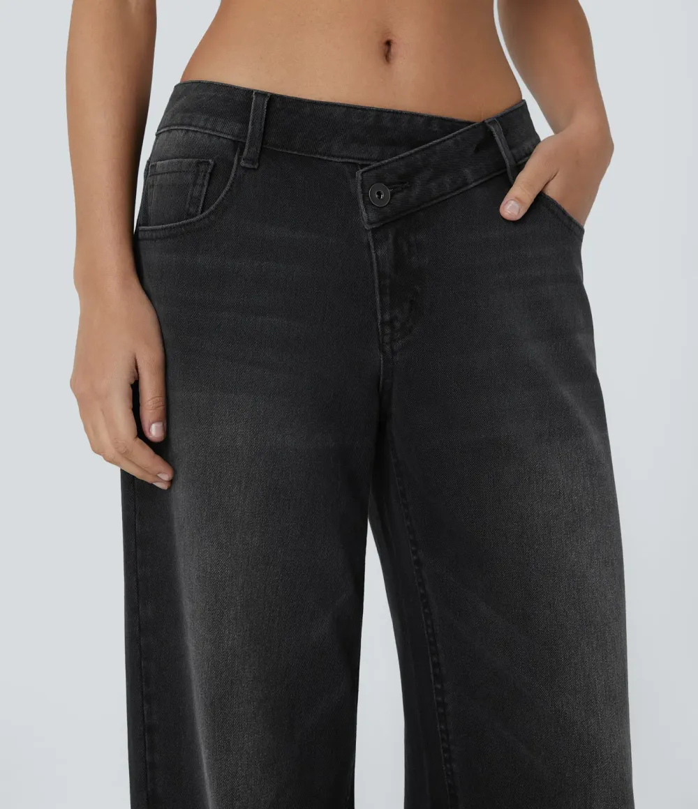 2026🔥  Low-rise wide-leg asymmetric jeans with button, zip, and multiple pockets; stretch knit fabric with a washed finish.
