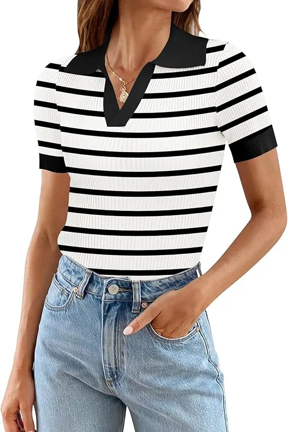 T Shirts Slim Fitted Ribbed Knit Casual Tee Tops