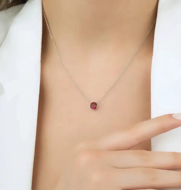 Dainty Bezel Set Solitaire Ruby Necklace