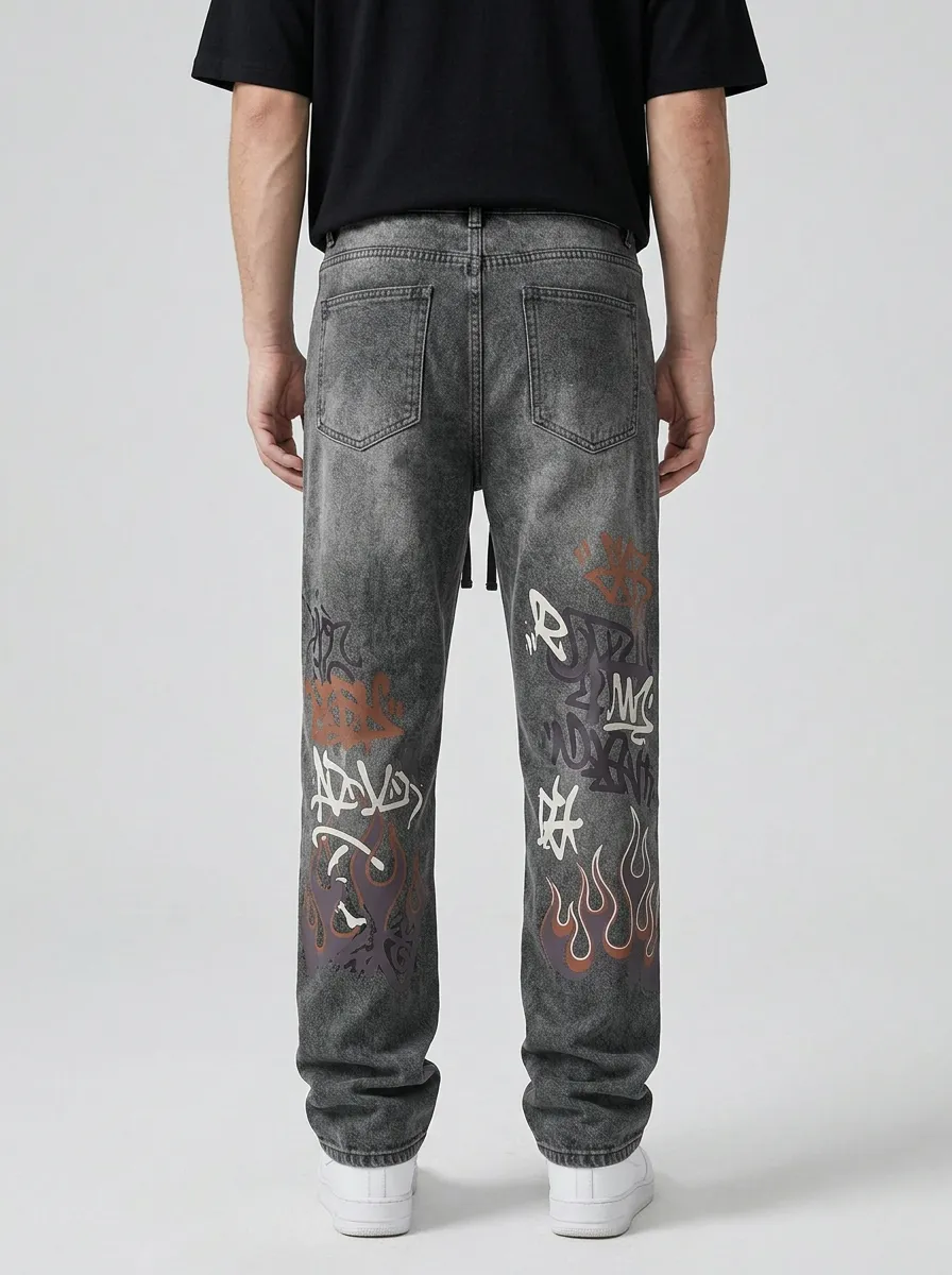 Unisex Streetwear Graffiti Flame Jeans