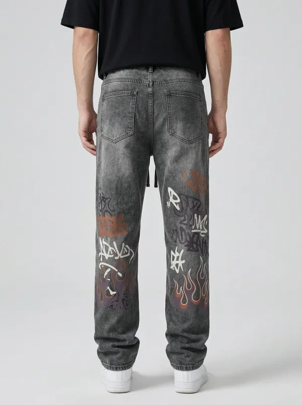 Unisex Streetwear Graffiti Flame Jeans