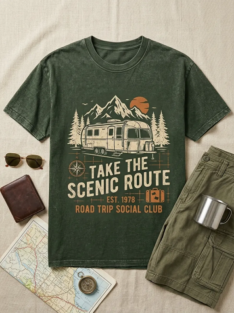 Unisex Camping Lover Scenic Route Camper Printed T-shirt