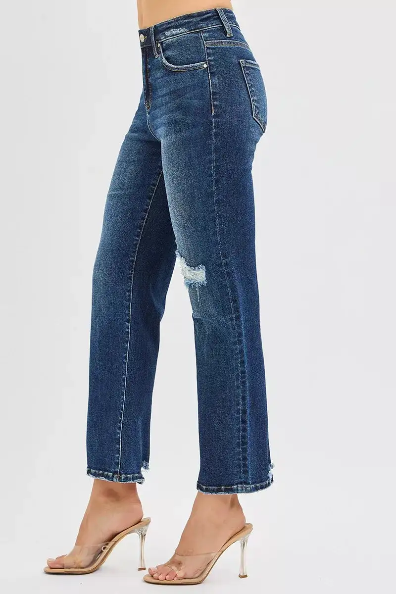 High-Rise Cropped Raw-Hem Distressed Slim Straight Jeans