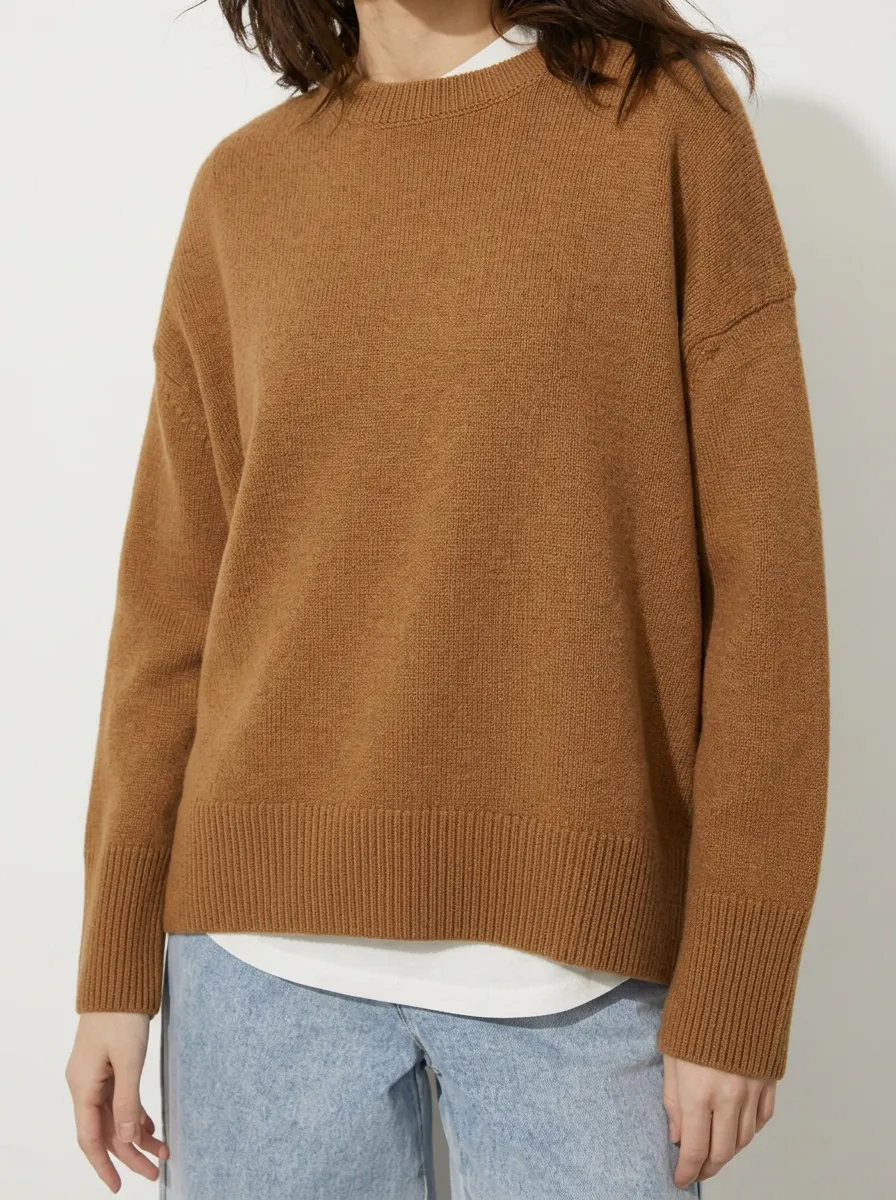 Women's Minimalist Solid Brown Plain Knit Crewneck Sweater
