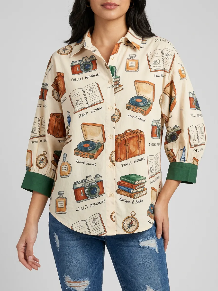 Women's Travel Hobby Vintage Camera Books Graphic Shirt