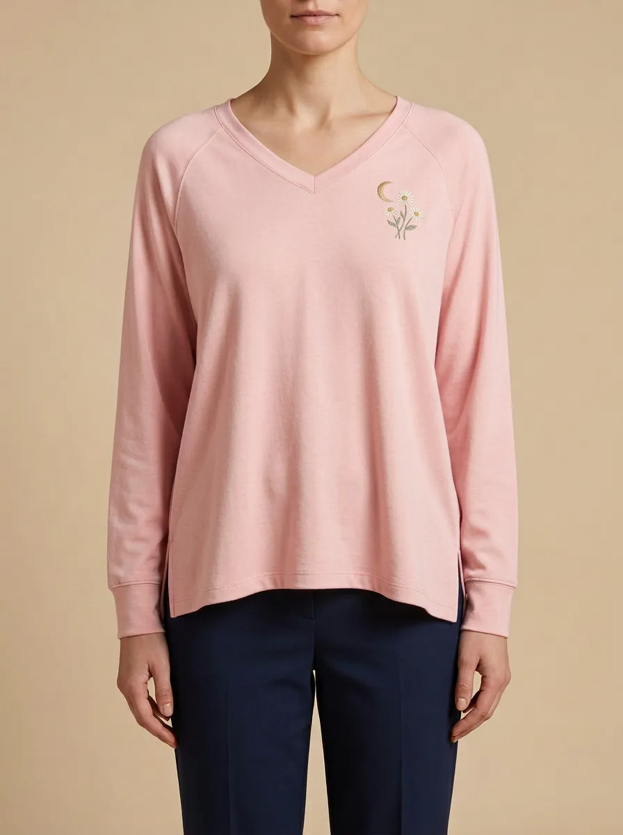 Women's Celestial Embroidered V-Neck Long-Sleeve Top