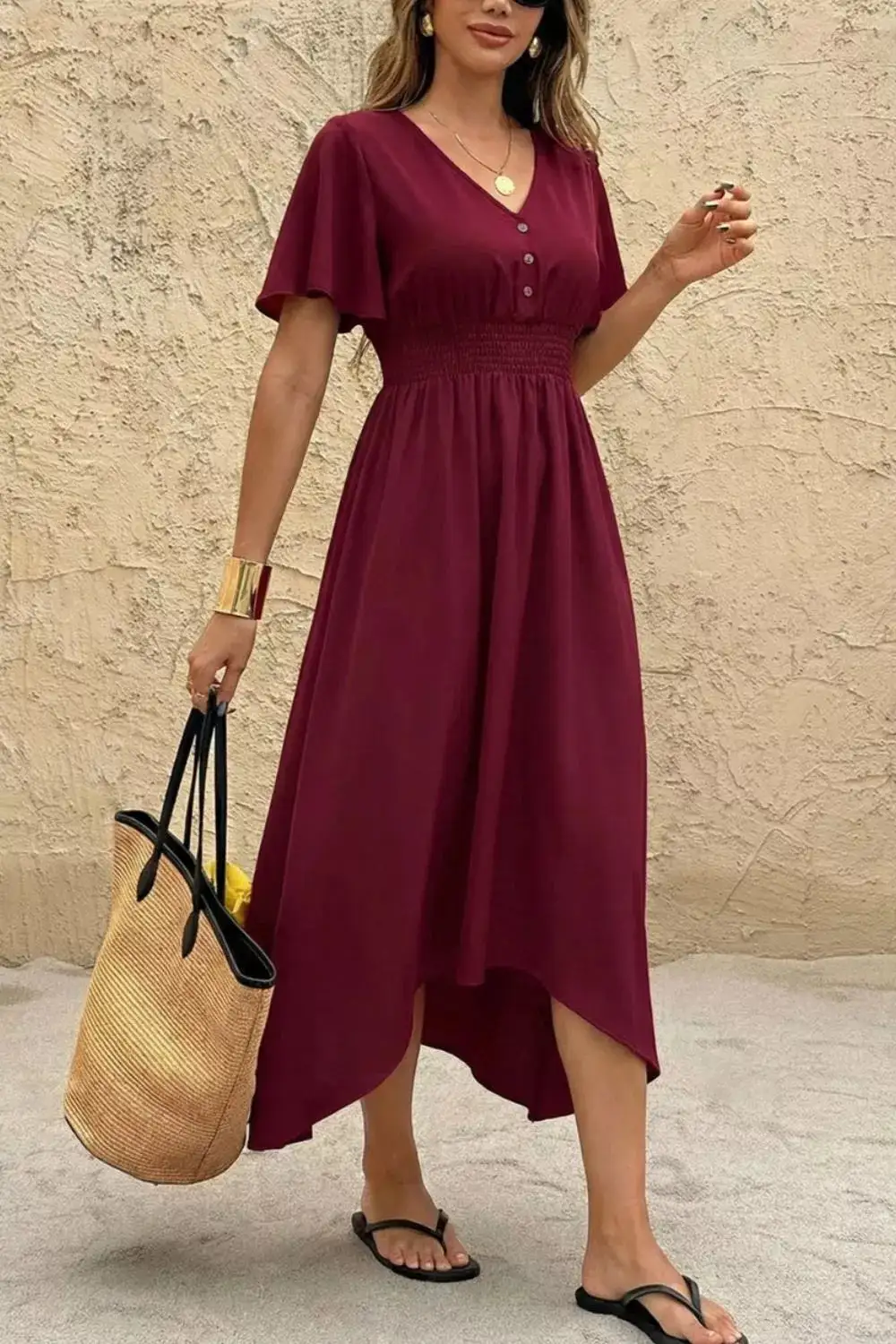 Flutter V-Neck Flutter Sleeve Midi Dress