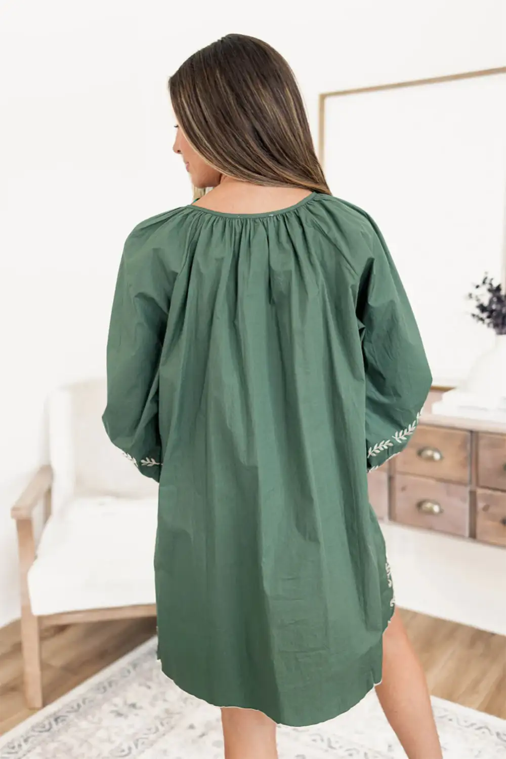 Tie Neck Boho Floral Pattern Puff Sleeve Shift Dress