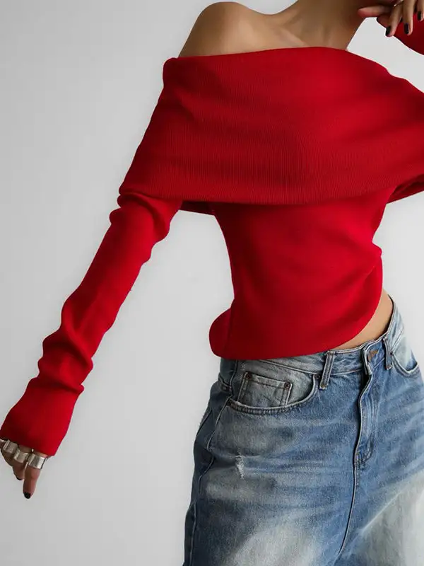 Off Shoulder Long Sleeve Relaxed Fit Pullover Sweater