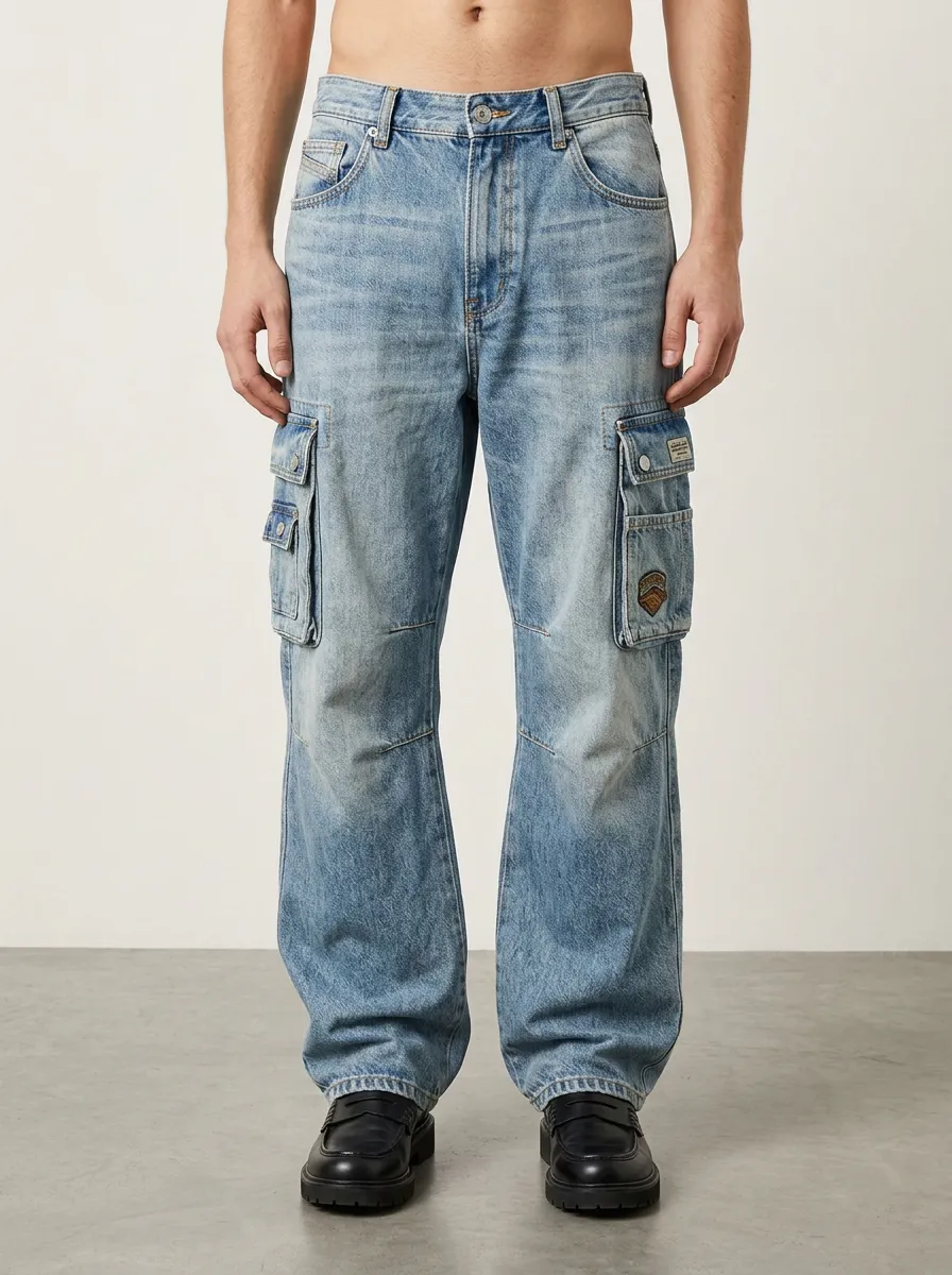 Men's Vintage Wash Badge Detail Cargo Jeans