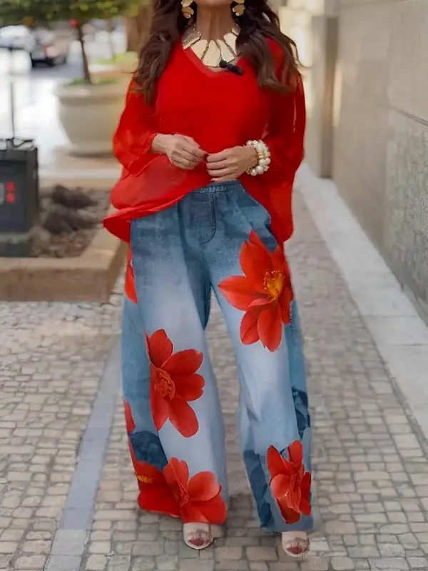 Floral Print Relaxed Fit Wide Leg Jeans