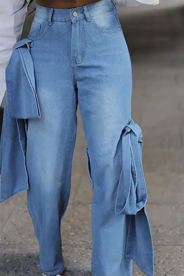 High Waist Washed Gradient Bow-Detail Jeans