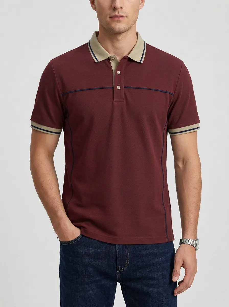 Men's Casual Business Contrast Trim Striped Polo Shirt
