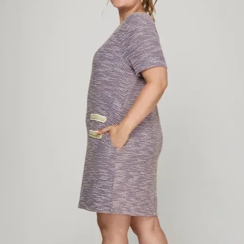 Short Sleeve Pearl Studded Trim Knit Tweed Dress