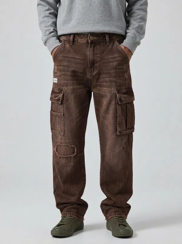 Men's Distressed Denim Multi-Pocket Cargo Jeans