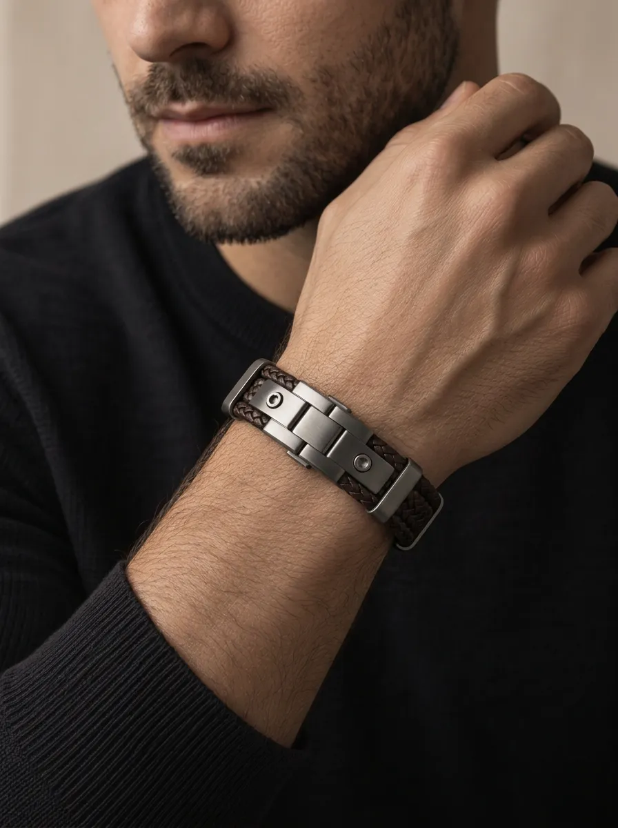 Men's Vintage Braided Leather Stainless Steel Metal Plate Bracelet