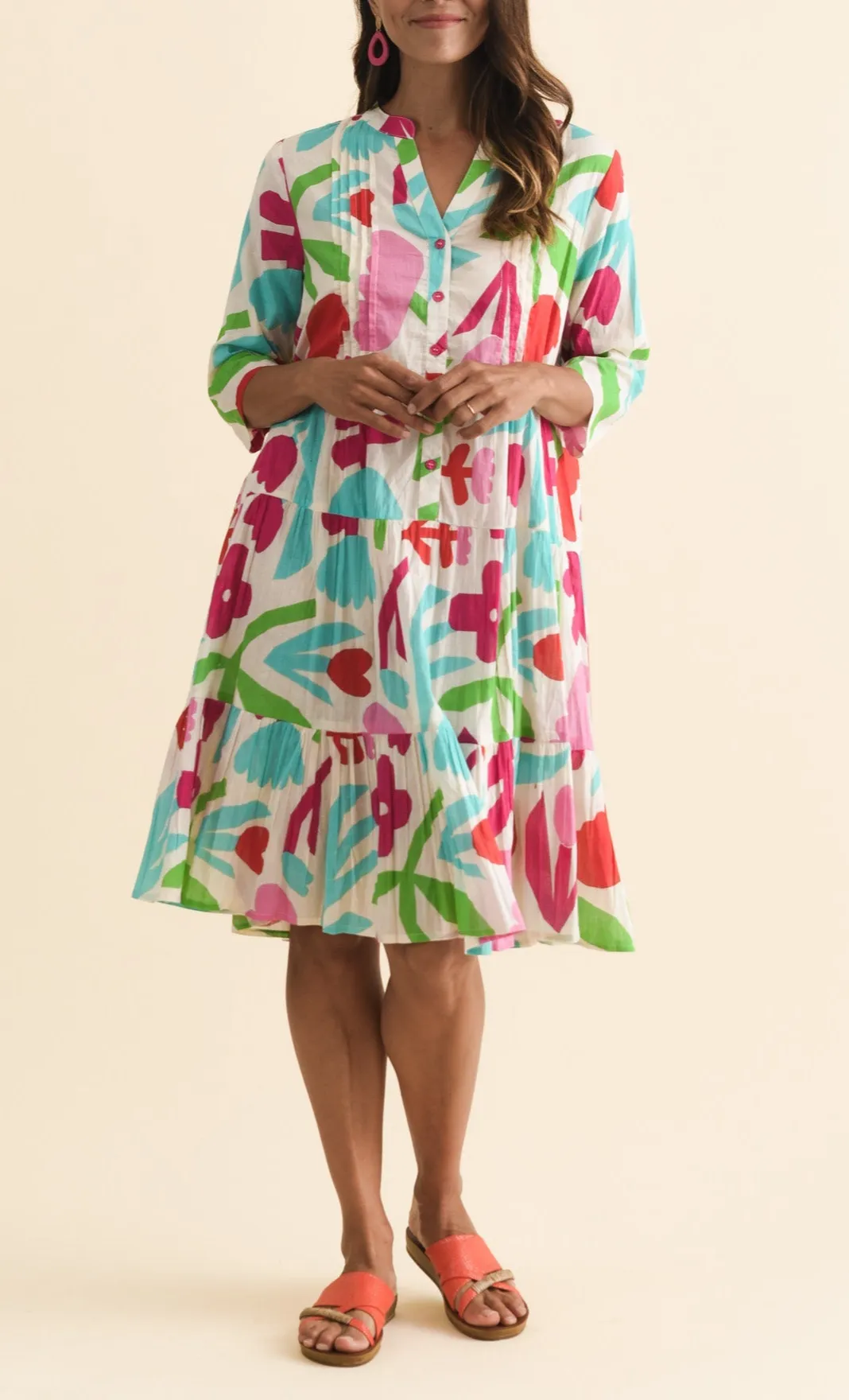 Above-Knee Floral Cotton Tiered Pleated V-Neck Half-Sleeve Dress