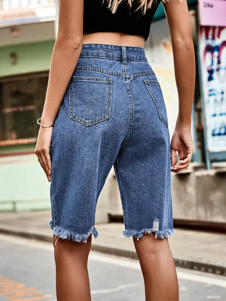 Distressed Fringe Hem Denim Shorts