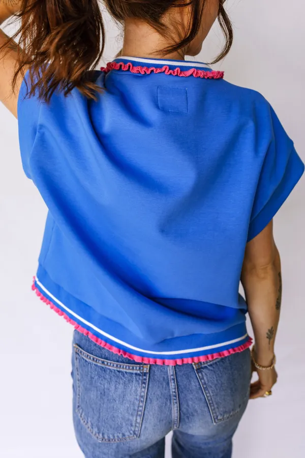Sky Blue Contrast Frilled Trim Top