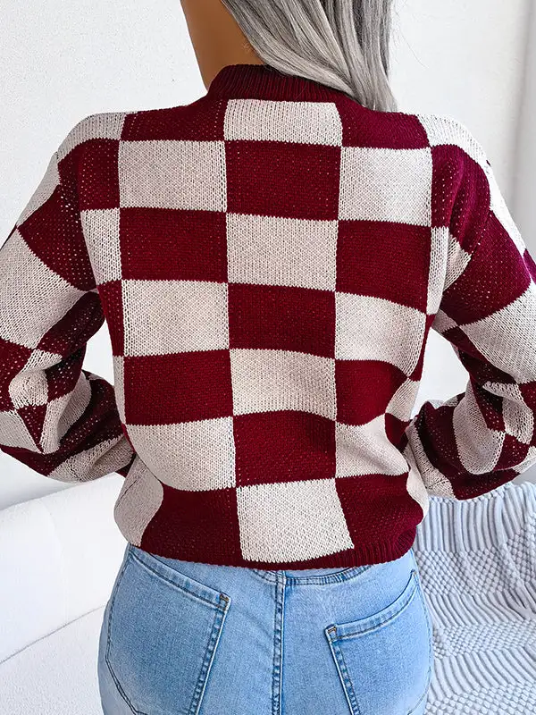 Plaid Round Neck Long Sleeve Relaxed Fit Sweater