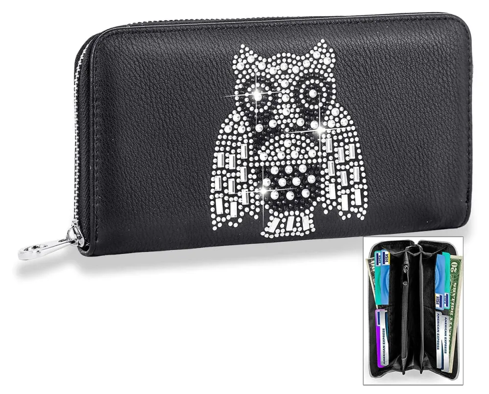 Crystal Accent Owl Motif Faux Leather Accordion Wallet