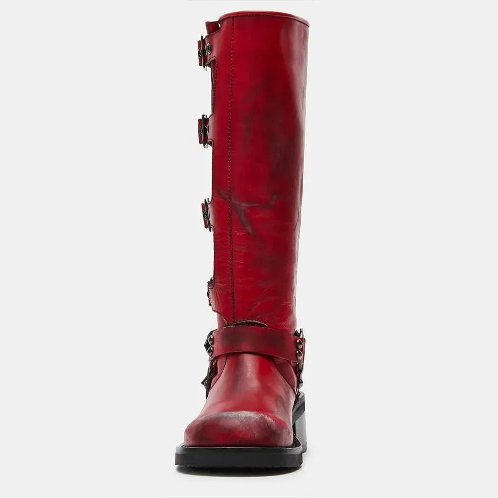 Faux-Leather Distressed Buckle-Detail Round-Toe Knee-High Boots