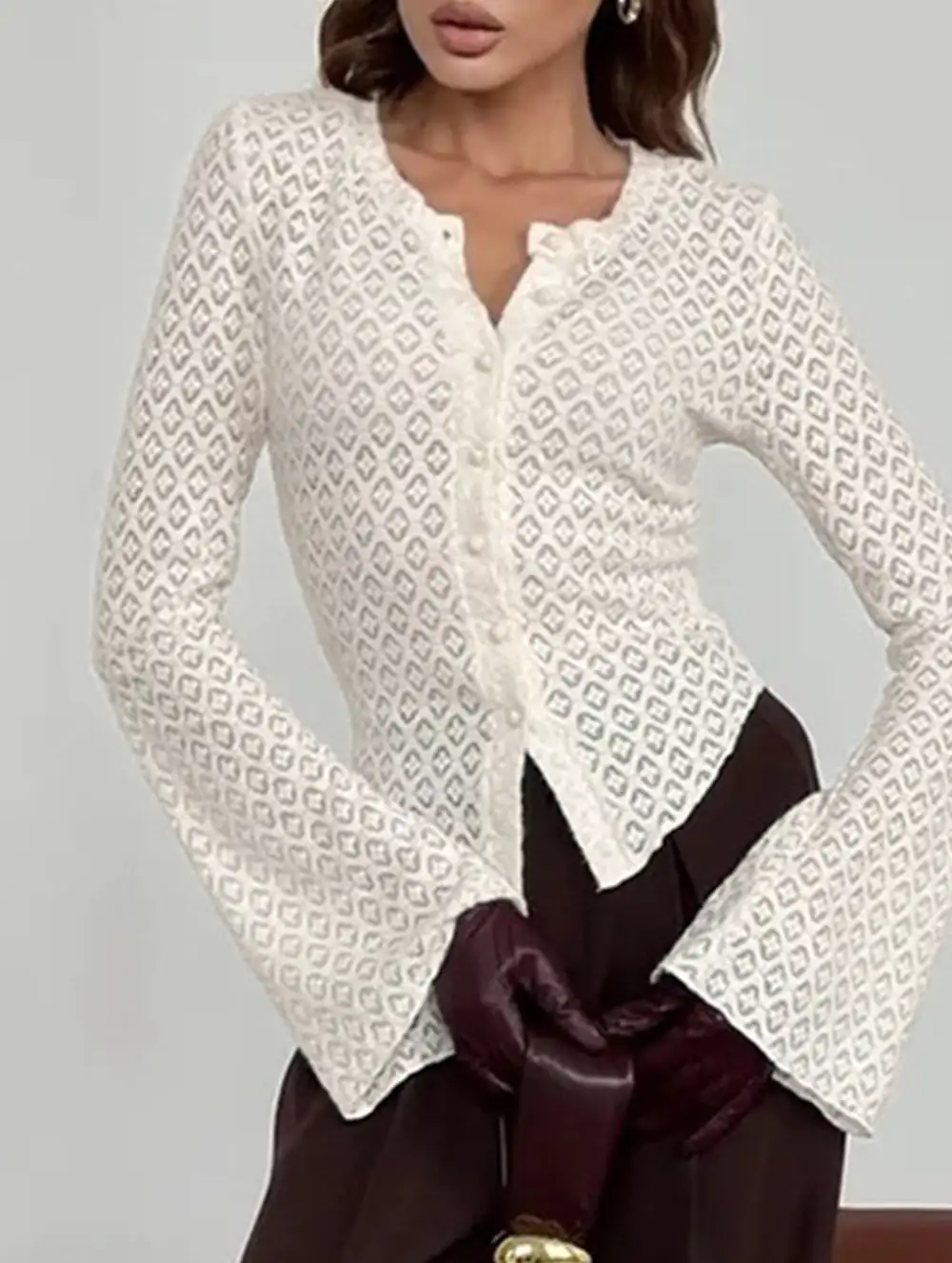 Crew Neck Lace Knit Cardigan Flare Sleeve Top