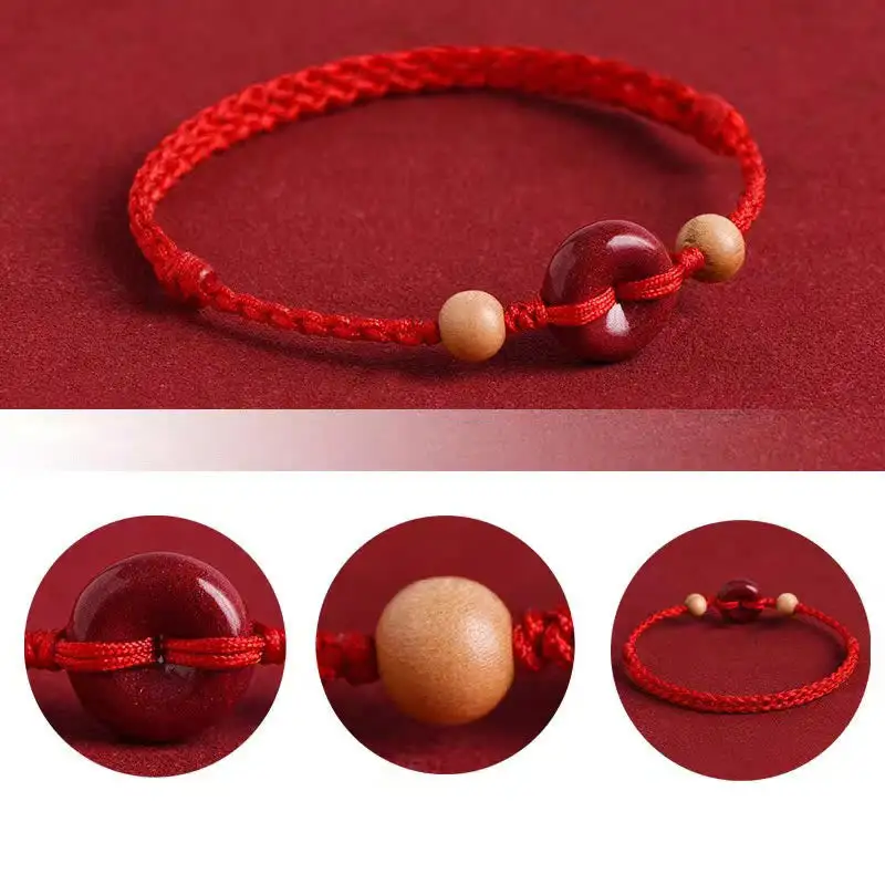 Peach Wood Buckle Cinnabar String Bracelet Anklet