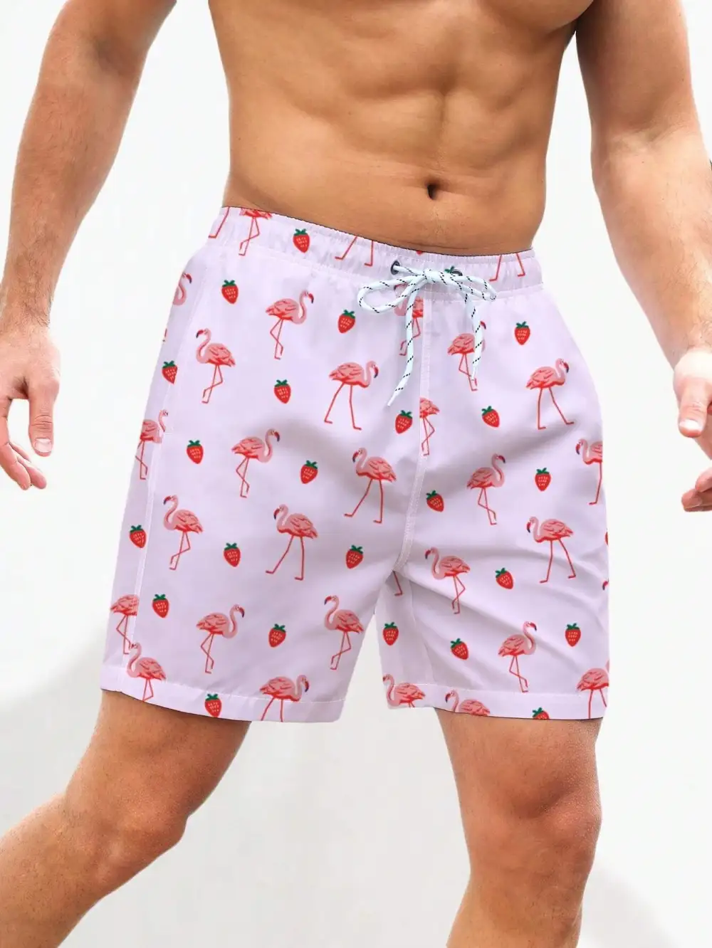 Men's Boho Flamingo Drawstring Allover Print Beach Shorts