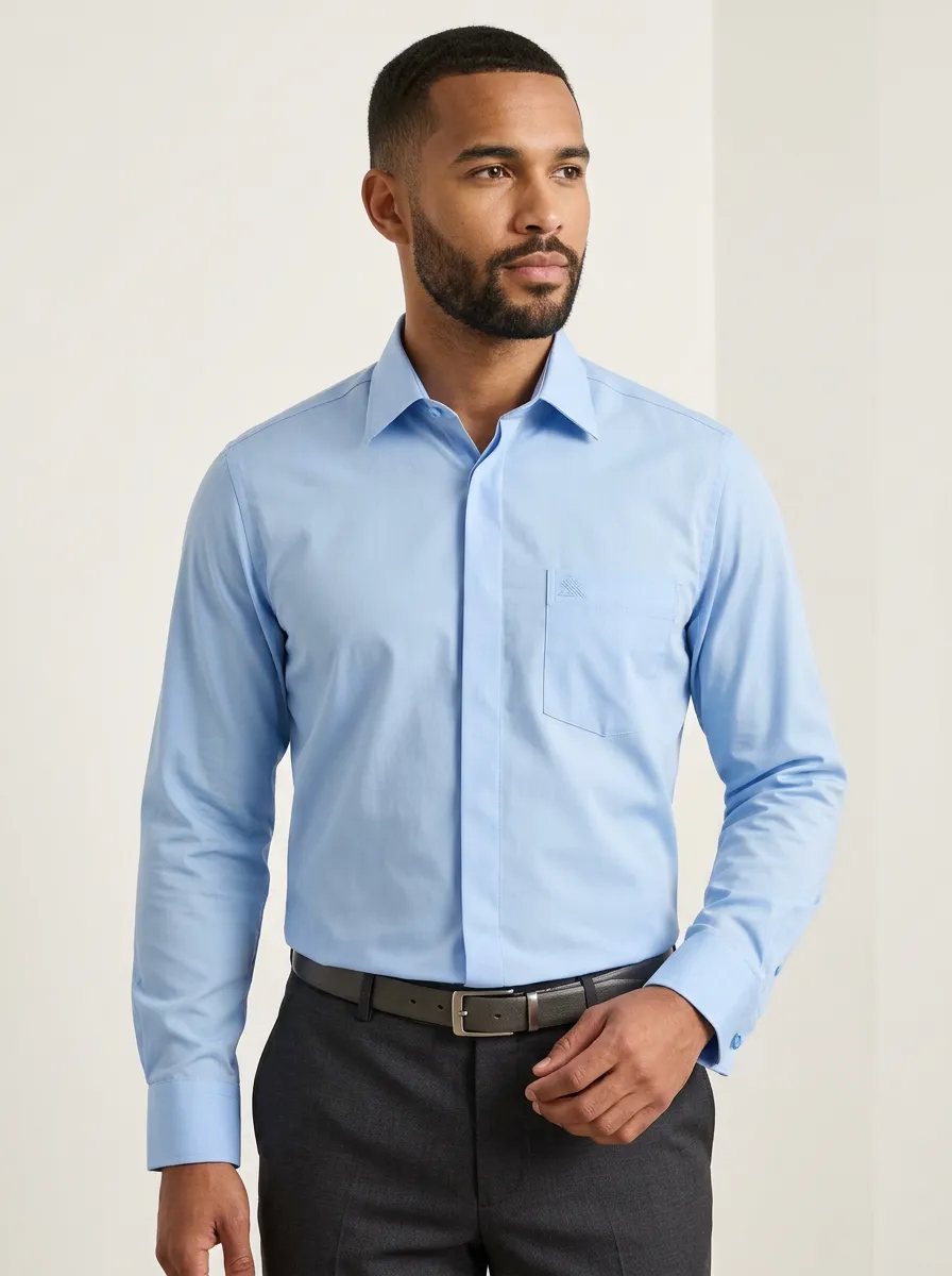 Men's Non-Iron Cotton Light Blue Solid Color Button-Down Shirt