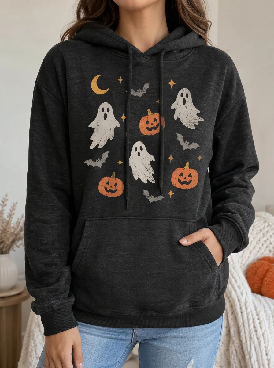 Women's Halloween Ghost Pumpkin Bat Kangaroo Pocket Hoodie