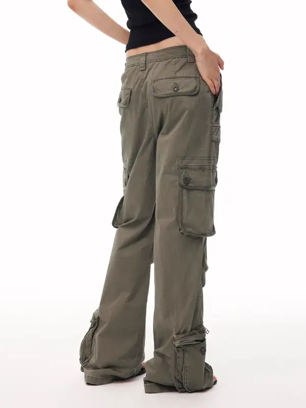 Wide-Leg Multi-Pocket Lace-Up Cargo Pants