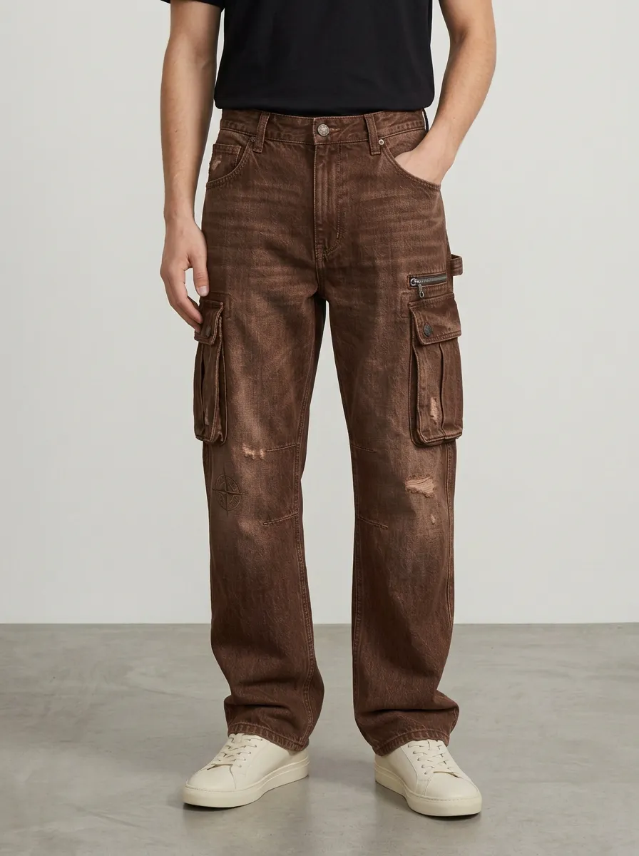 Men's Ridge Vintage Compass Print Distressed Denim Cargo Jeans