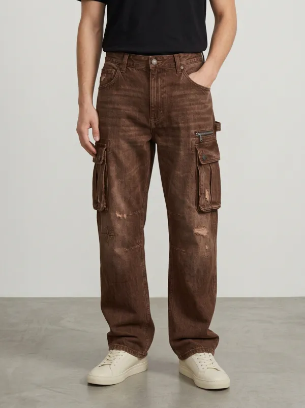 Men's Ridge Vintage Compass Print Distressed Denim Cargo Jeans