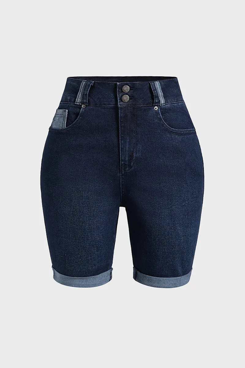 Button Front Cuffed Hem Tummy Control Butt Lifting Denim Shorts