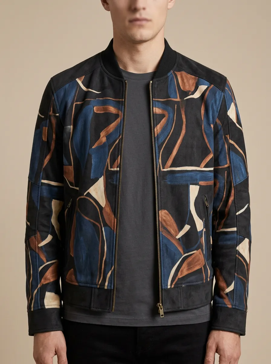 Abstract Print Ribbed Trim Bomber Jacket